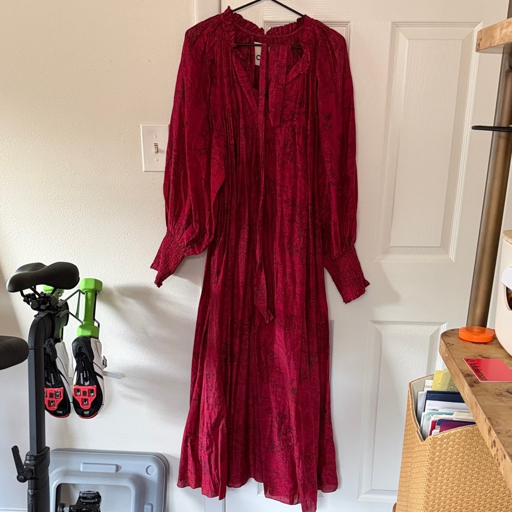 CHUFY Burgundy Floral Cotton Silk Ruffle Smocked Boho Dress, Fits a Small/Medium